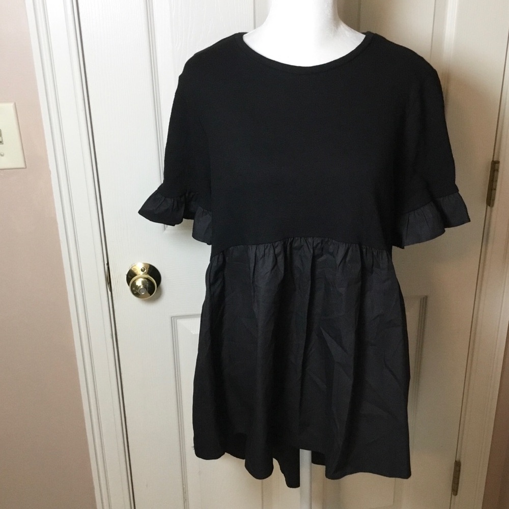 English Factory High-Low Mixed Fabrics Short Sleeve Black Dress - Size M